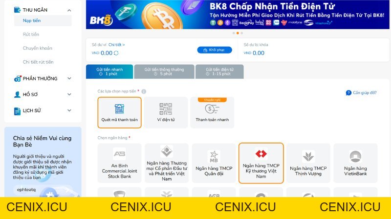 Chi tiết 4 cách nạp tiền BK8 an toàn